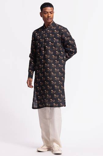 Black animal printed linen kurta