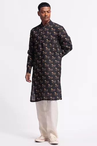 Black animal printed linen kurta