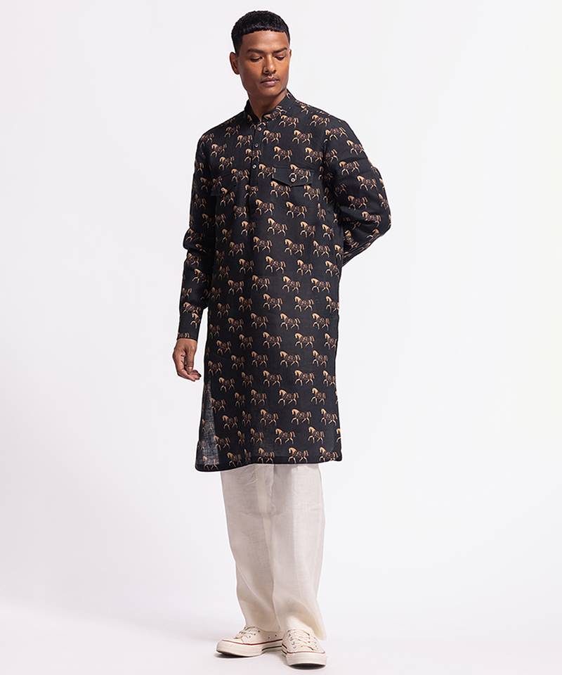 Black animal printed linen kurta