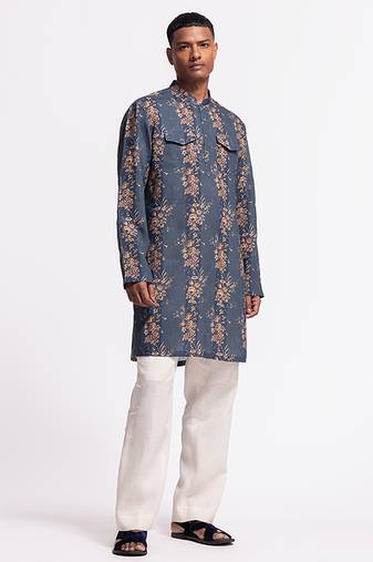 Blue floral printed linen kurta