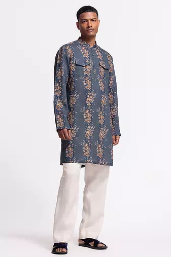 Blue floral printed linen kurta