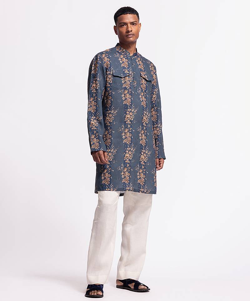 Blue floral printed linen kurta