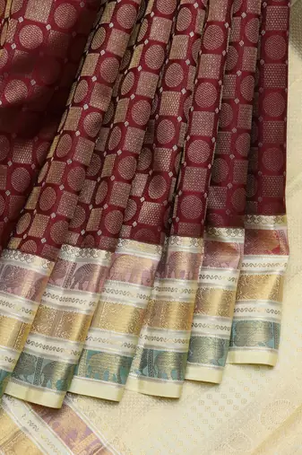 Maroon and cream designer kanchipuram silk saree with silk mark certified
