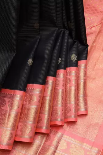 Black and peach pure zari silk saree with silk mark certified
