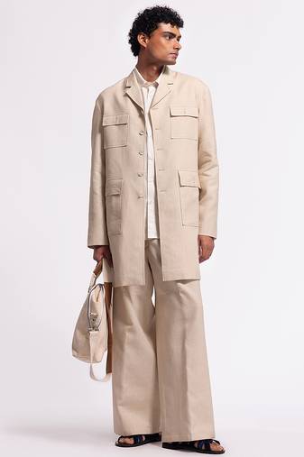 Beige geometric plain linen jacket