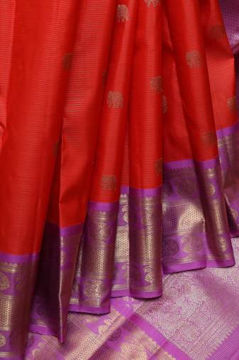 Red and lavender pure zari silk saree
