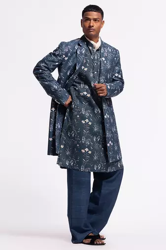 Blue floral printed linen jacket