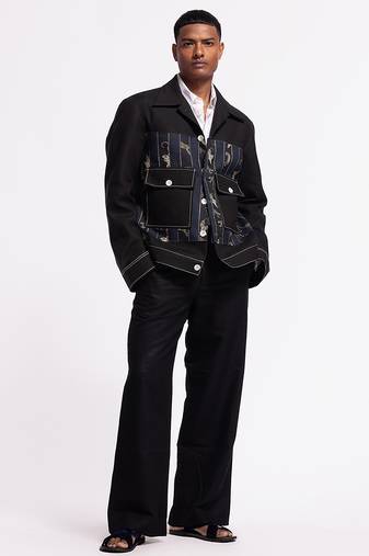 Black floral plain linen jacket