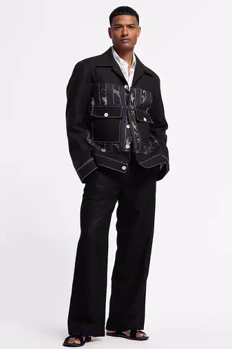 Black floral plain linen jacket