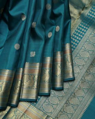 Peacock green pure zari silk saree with silk mark certified 1