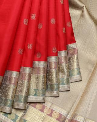 Red and beige pure zari silk saree with silk mark certified 1