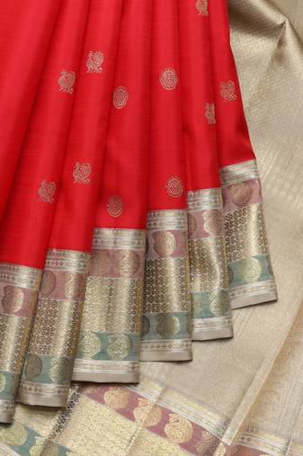 Red and beige pure zari silk saree