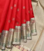 Red and beige pure zari silk saree with silk mark certified