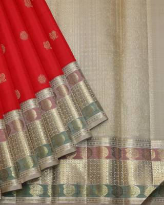 Red and beige pure zari silk saree with silk mark certified 2