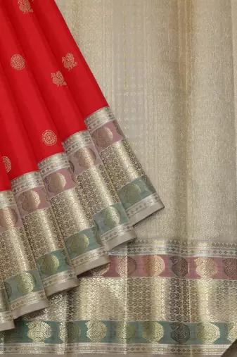 Red and beige pure zari silk saree with silk mark certified