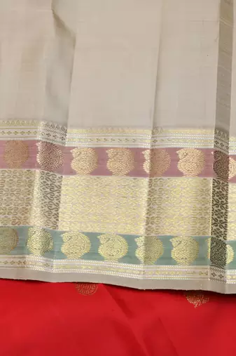Red and beige pure zari silk saree with silk mark certified