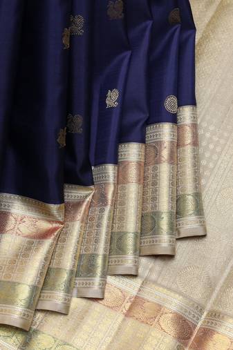 Blue and beige pure zari silk saree with silk mark certified