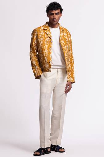 Yellow floral printed linen jacket