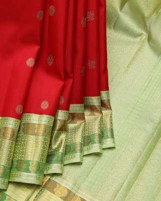 Red and green bridal pure zari silk saree with silk mark certified  1