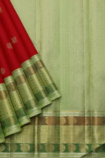 Red and green bridal pure zari silk saree with silk mark certified 