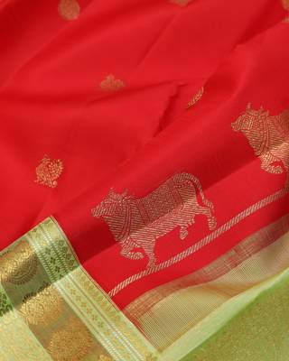 Red and green bridal pure zari silk saree with silk mark certified  3
