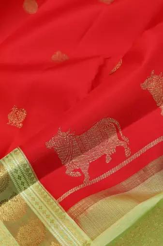 Red and green bridal pure zari silk saree with silk mark certified 