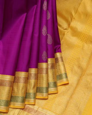 Purple and yellow pure zari silk saree with silk mark certified 1