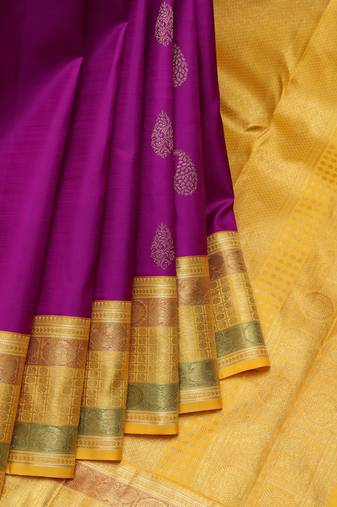 Purple and yellow pure zari silk saree