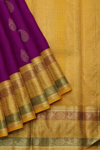 Purple and yellow pure zari silk saree with silk mark certified