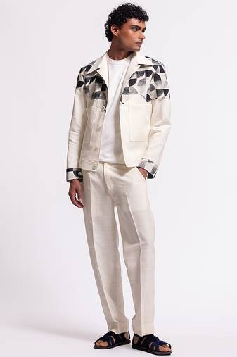 White geometric printed linen jacket