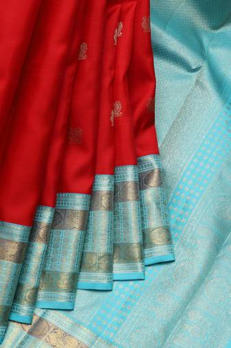 Red and blue pure zari silk saree with silk mark certified