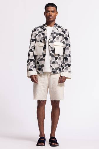 Black & white geometric printed linen jacket