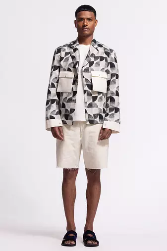 Black & white geometric printed linen jacket