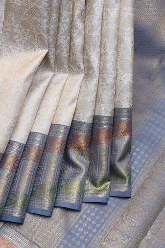 Off white and grey pure zari kanjivaram silk saree with silk mark certified