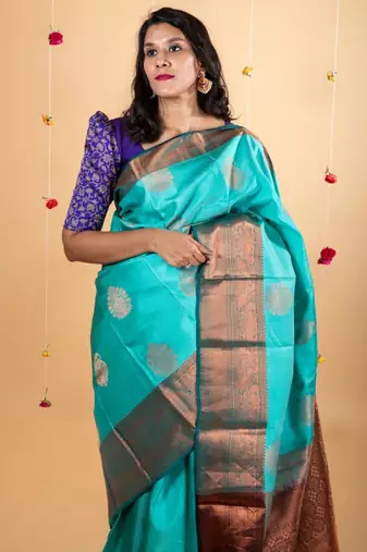 Turquoise pure silk saree with silk mark certified
