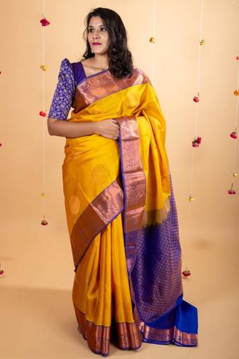 Golden mustard pure silk saree with silk mark certified