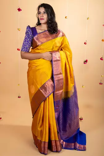 Golden mustard pure silk saree with silk mark certified