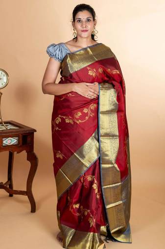 Maroon and grey designer kanjivaram silk saree