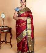 Maroon and grey designer kanjivaram silk saree with silk mark certified