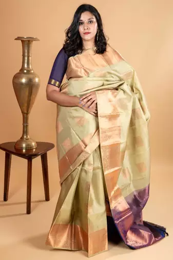 Sage green silk saree with silk mark certified