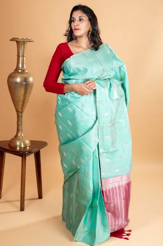Pastel green borderless silk saree