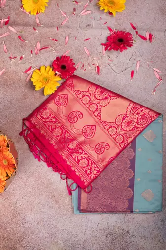 Pastel blue brocade semi soft silk saree