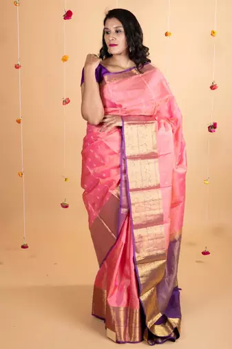 Pink and purple combination silk saree with silk mark certified