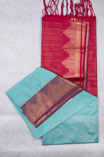Pastel blue temple border semi soft silk saree
