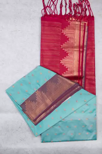 Pastel blue temple border semi soft silk saree