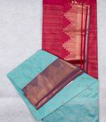 Pastel blue temple border semi soft silk saree