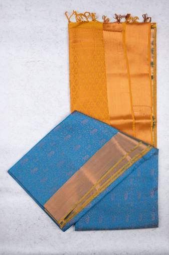 Blue mustard semi soft silk saree
