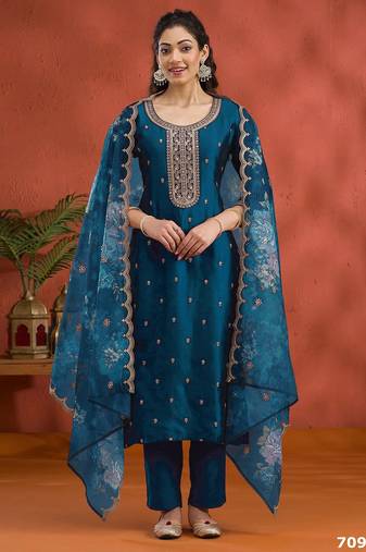 Peacock silk semi stitched wedding suits