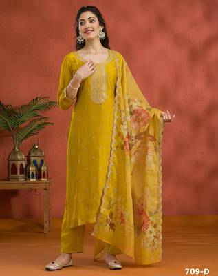 Yellow silk semi stitched wedding suits 1
