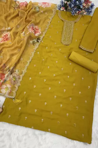Yellow silk semi stitched wedding suits